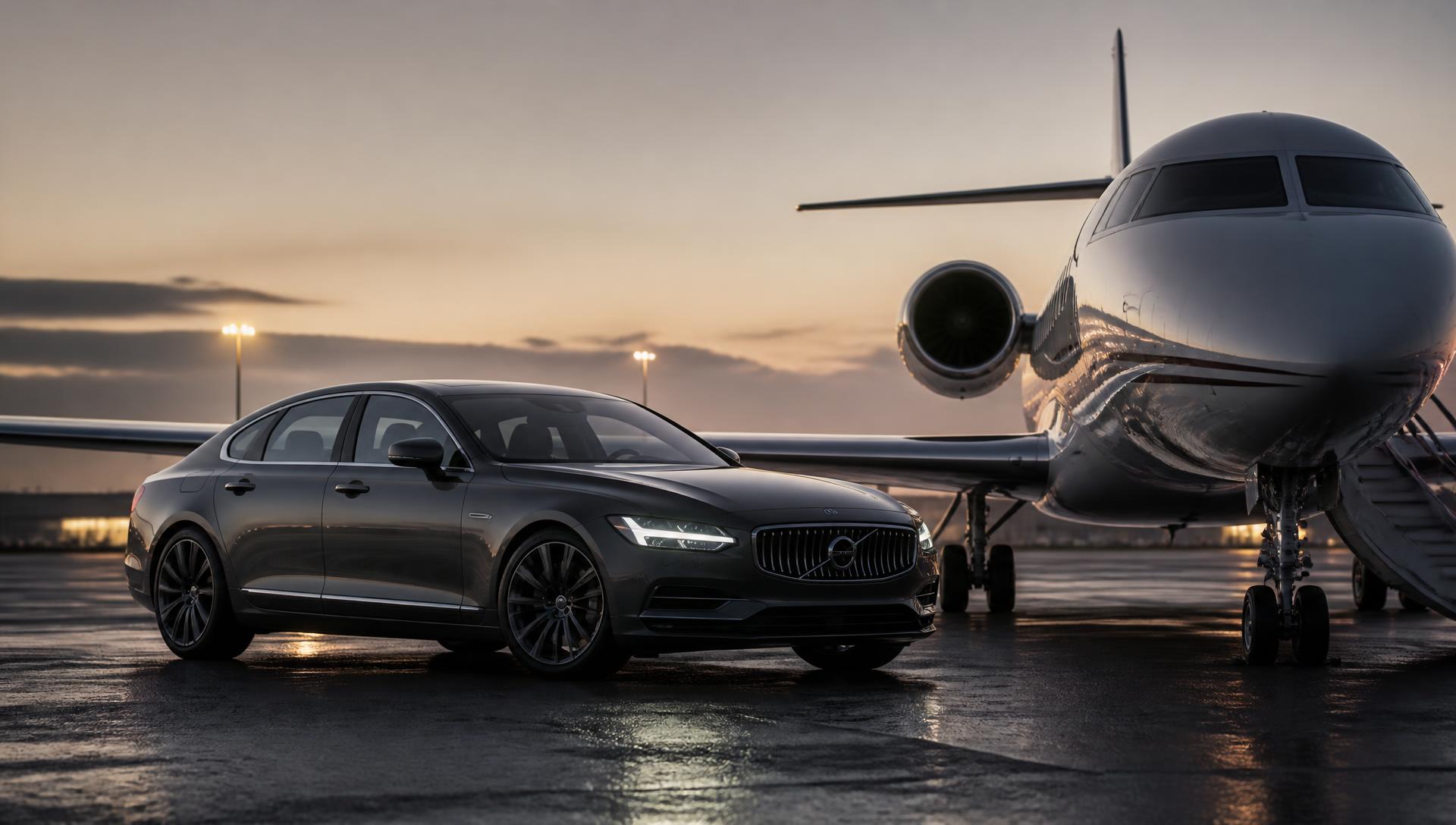 Executive sedan waiting beside a private jet on the airport apron at dusk