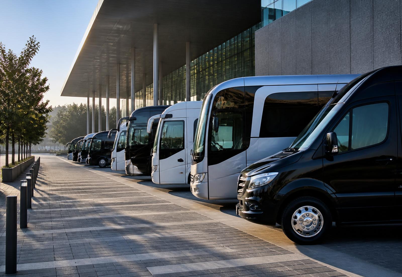 Minibuses and coaches outside a conference venue