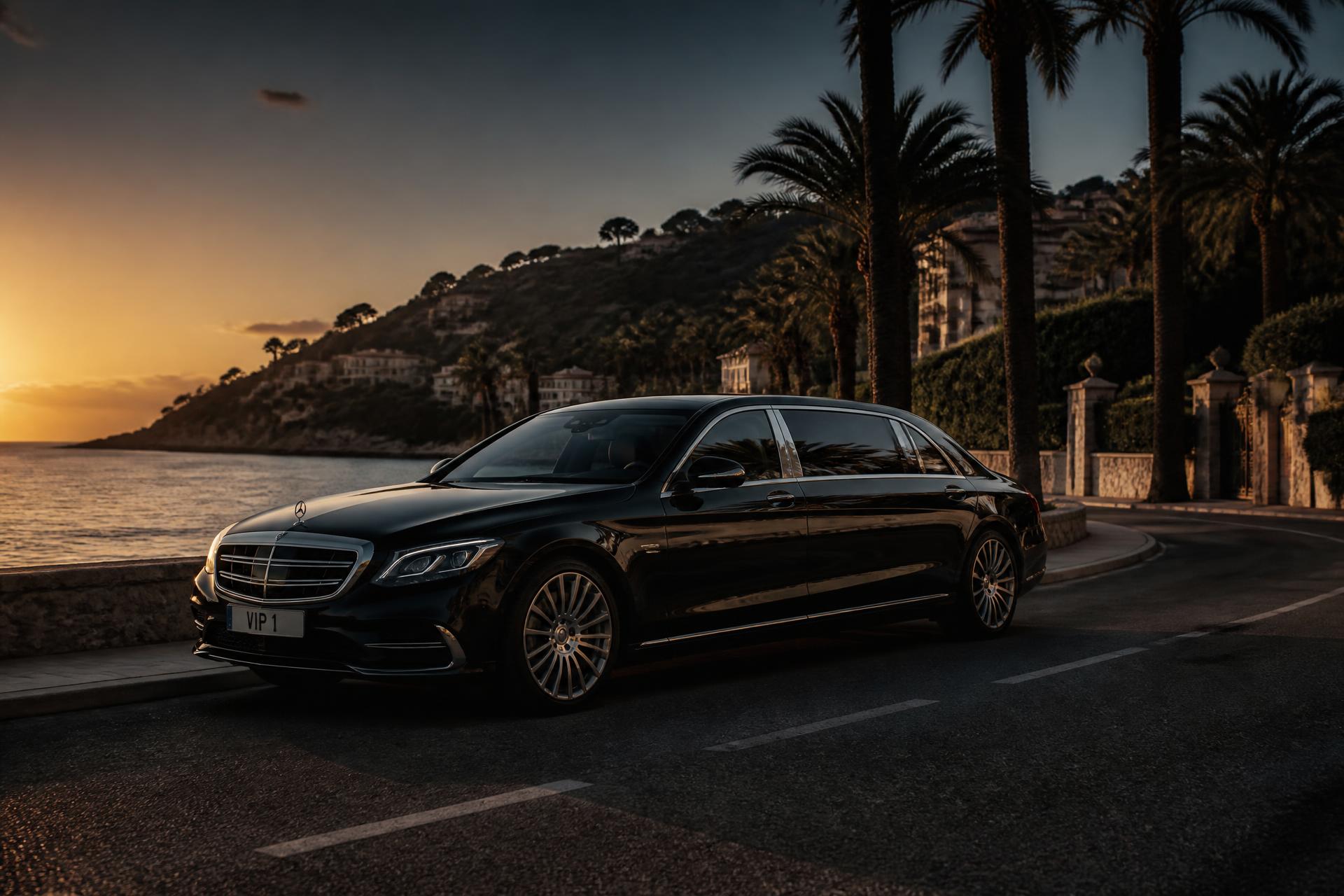 Luxury chauffeur car at sunset